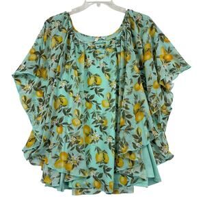 Cato Poncho Blouse Size 22/24 Green Lemon Print Sheer Top Attached Tank Lining